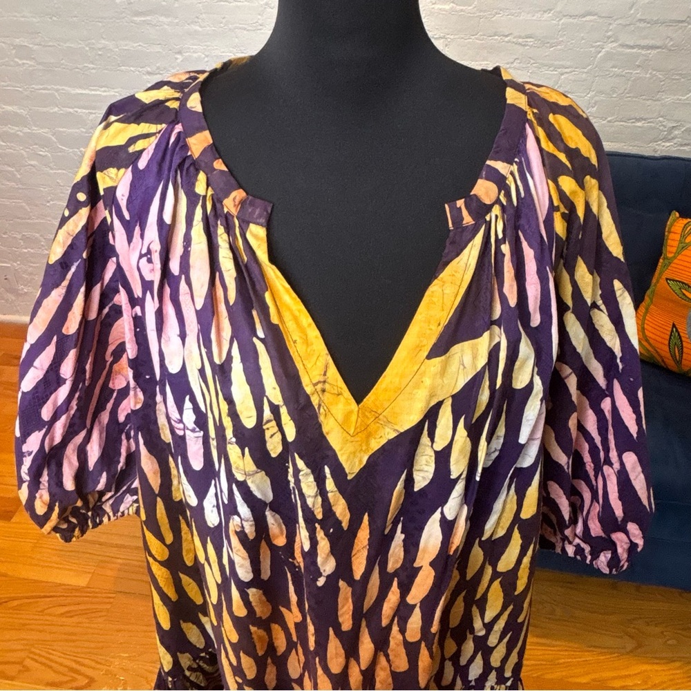 Suakoko Betty V-Neck Midi Dress in Purple and Yellow Batik Fabric - Picture 3 of 6